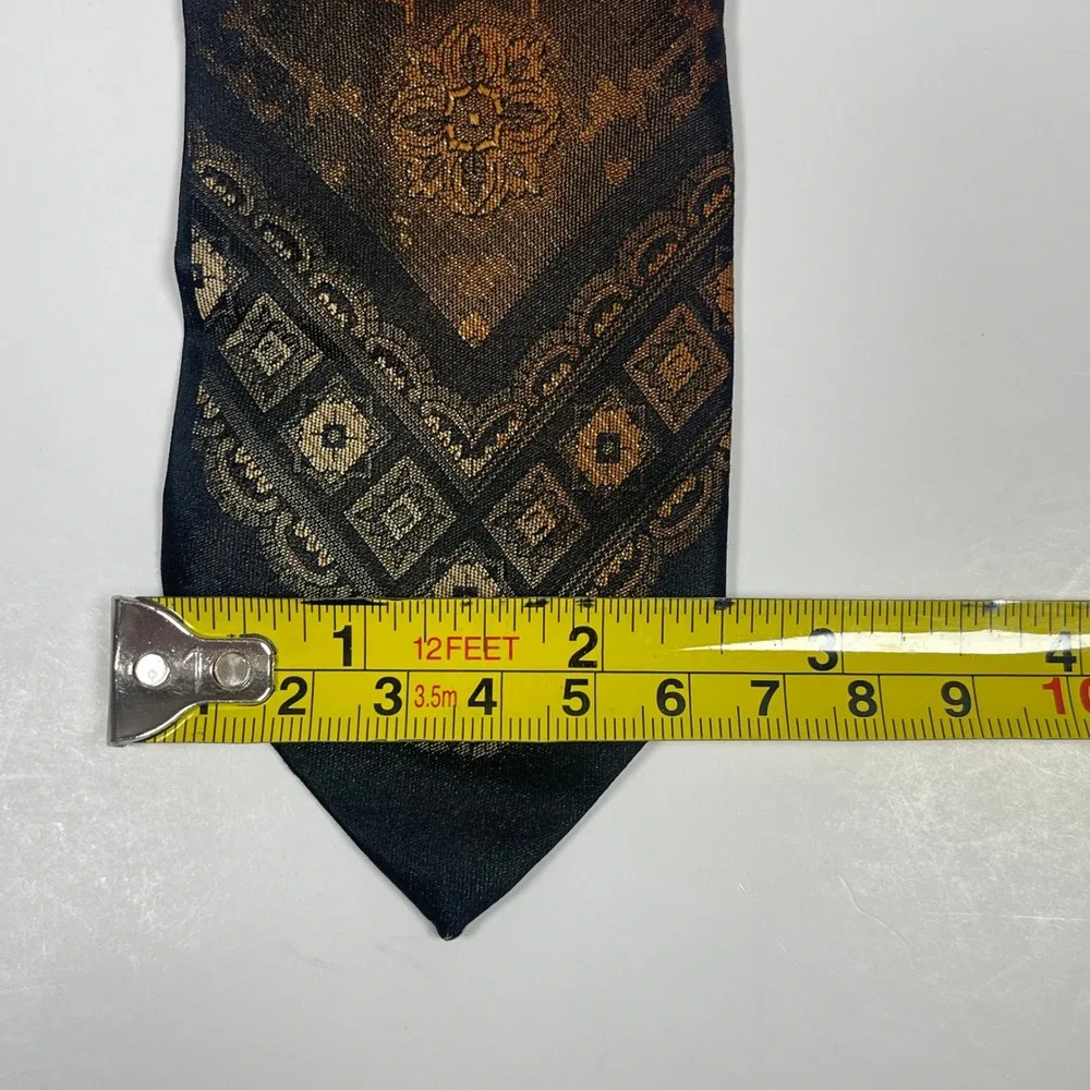 Vintage Italian Silk Medallion Necktie Tie Brown Black Ornate Geometric 70s MCM